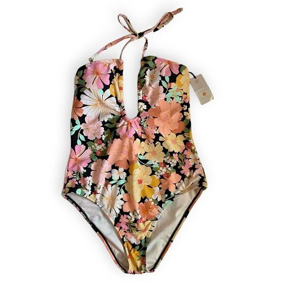 Shade&Shore Multi Floral Halter Keyhole Bandeau Tie Back One Piece Swimsuit NWT - Picture 5 of 16